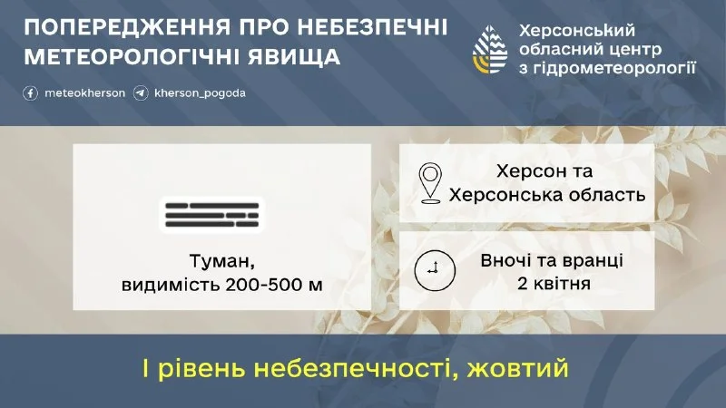 Херсонщина готується до туманів 2 квітня: попередження про жовтий рівень небезпеки