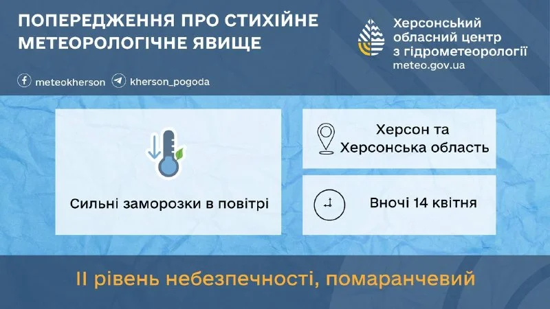 На Херсонщині 14 квітня очікуються сильні нічні заморозки до 0-3°