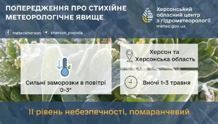 Херсонщина: сильні заморозки 1-3 травня загрожують врожаю