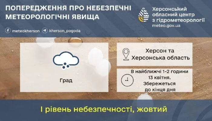 Град ≥ 6 мм очікується на Херсонщині 13 квітня